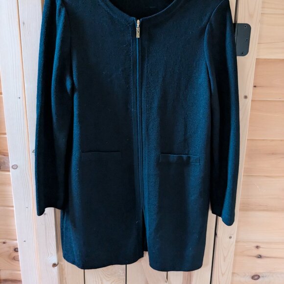 St John Full Zip Cardigan Sweater Long Jacket Black Wool Blend Size 14 Pockets - Picture 2 of 12